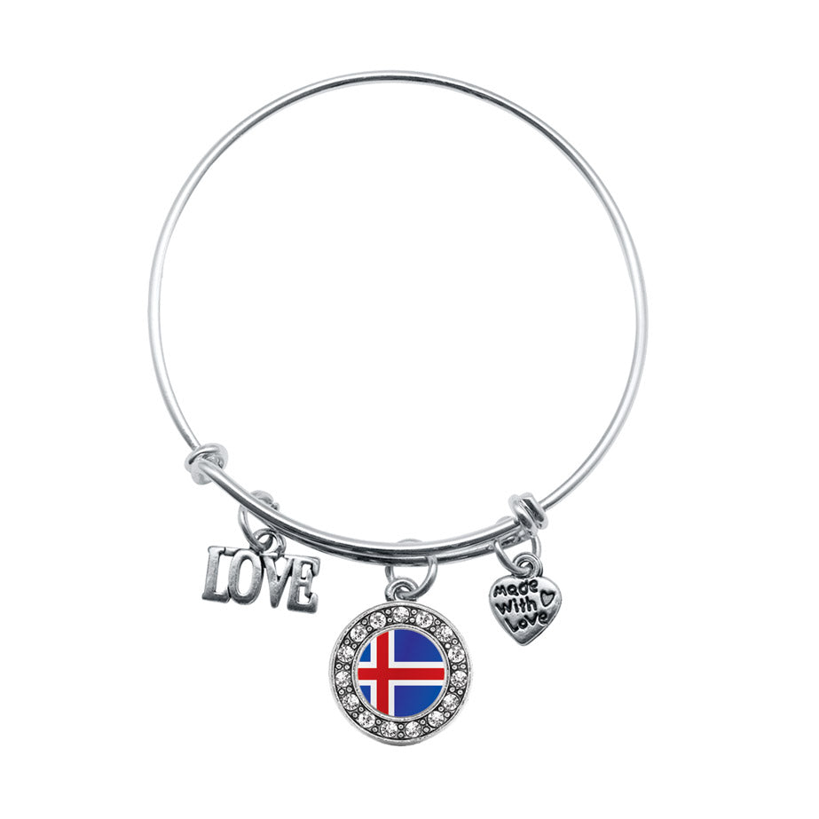 Silver Love Iceland Flag Circle Charm Wire Bangle Bracelet