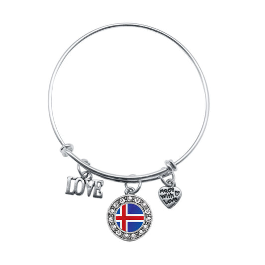 Silver Love Iceland Flag Circle Charm Wire Bangle Bracelet