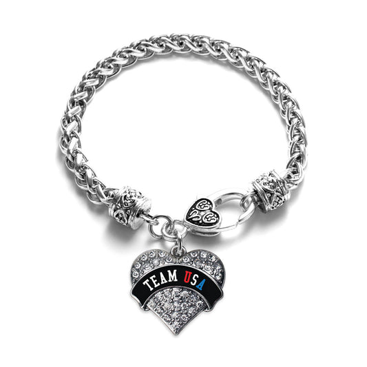 Silver Team USA - Black Banner Pave Heart Charm Braided Bracelet