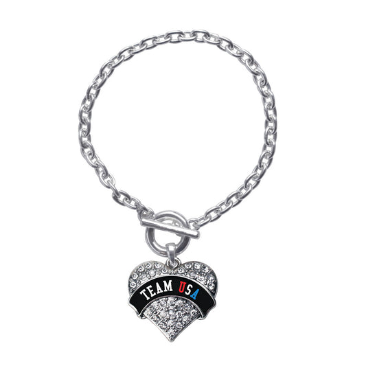 Silver Team USA - Black Banner Pave Heart Charm Toggle Bracelet