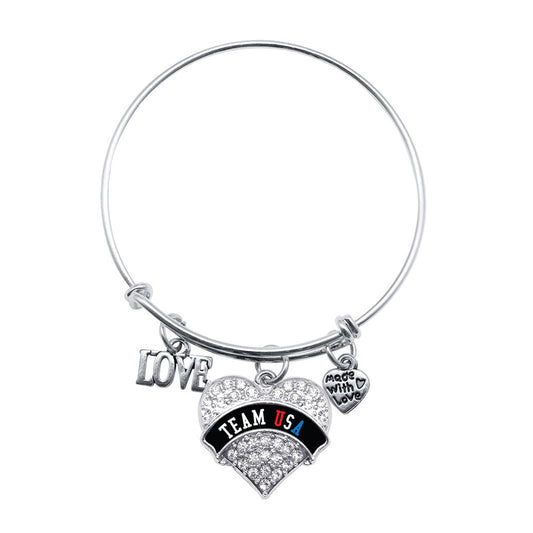 Silver Team USA - Black Banner Pave Heart Charm Wire Bangle Bracelet
