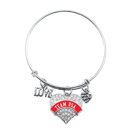 Silver Team USA - Red Banner Pave Heart Charm Wire Bangle Bracelet