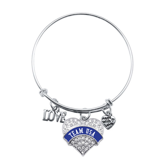 Silver Team USA - Blue Banner Pave Heart Charm Wire Bangle Bracelet