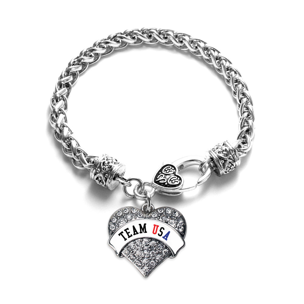Silver Team USA - White Banner Pave Heart Charm Braided Bracelet