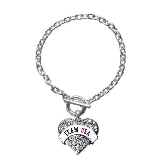 Silver Team USA - White Banner Pave Heart Charm Toggle Bracelet