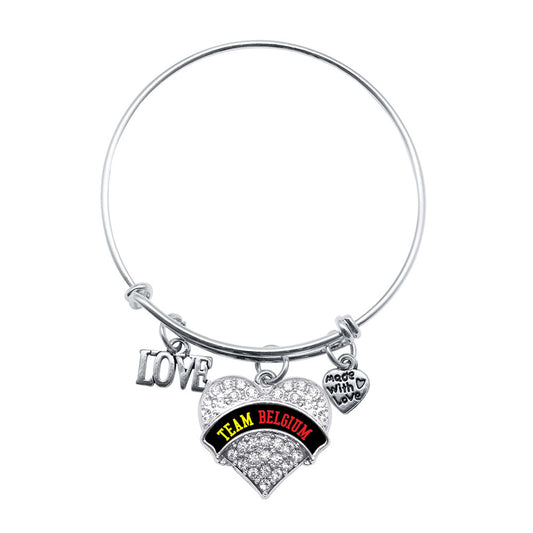 Silver Love Team Belgium Pave Heart Charm Wire Bangle Bracelet