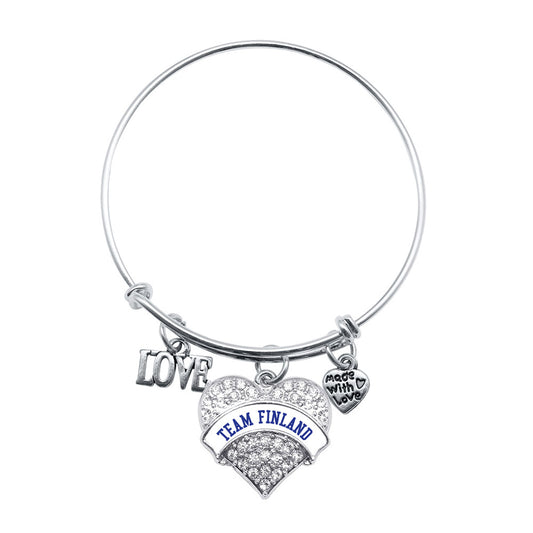 Silver Love Team Finland Pave Heart Charm Wire Bangle Bracelet