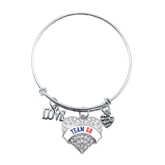 Silver Love Team Great Britain Pave Heart Charm Wire Bangle Bracelet