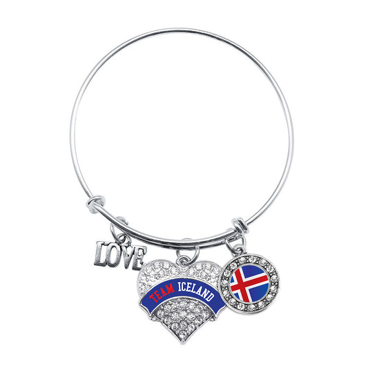 Silver Team Iceland Pave Heart Charm Wire Bangle Bracelet