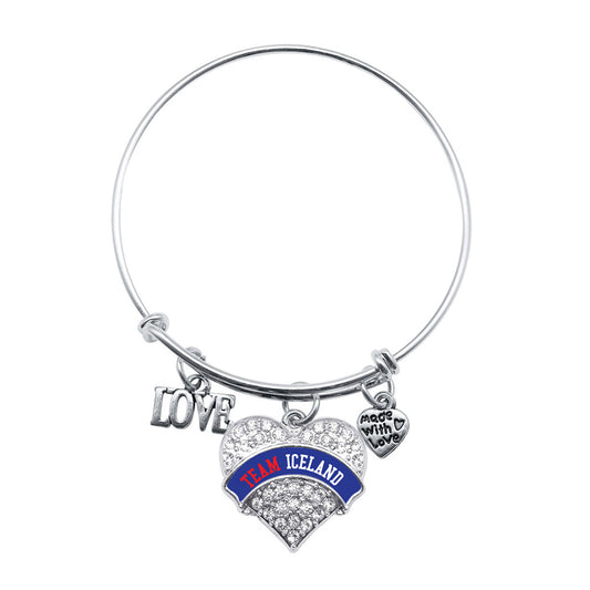 Silver Love Team Iceland Pave Heart Charm Wire Bangle Bracelet