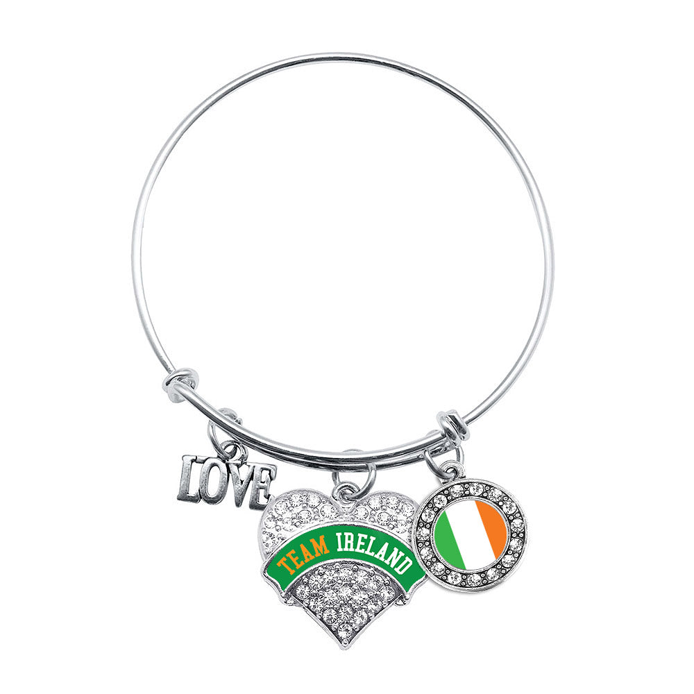 Silver Team Ireland Pave Heart Charm Wire Bangle Bracelet