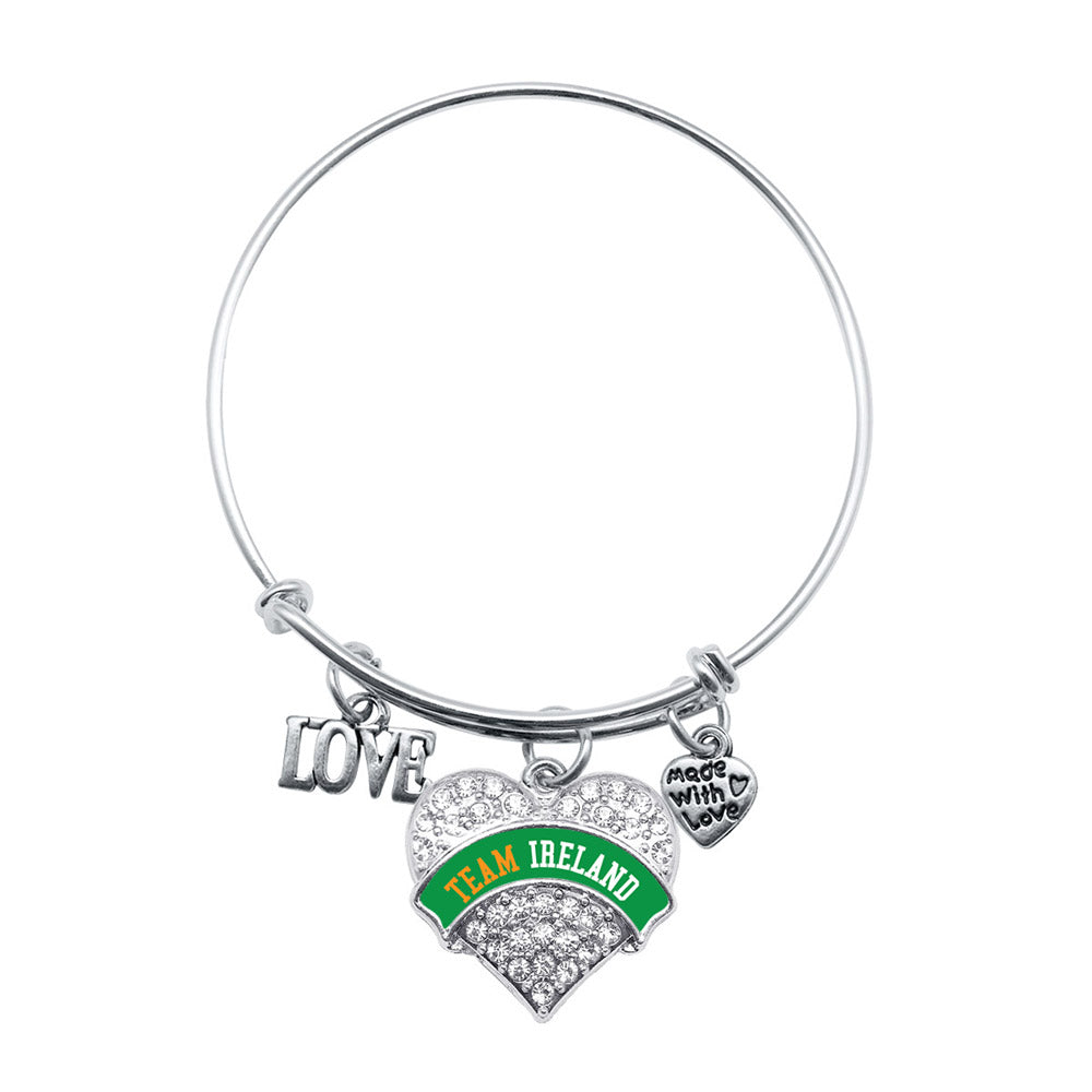 Silver Love Team Ireland Pave Heart Charm Wire Bangle Bracelet