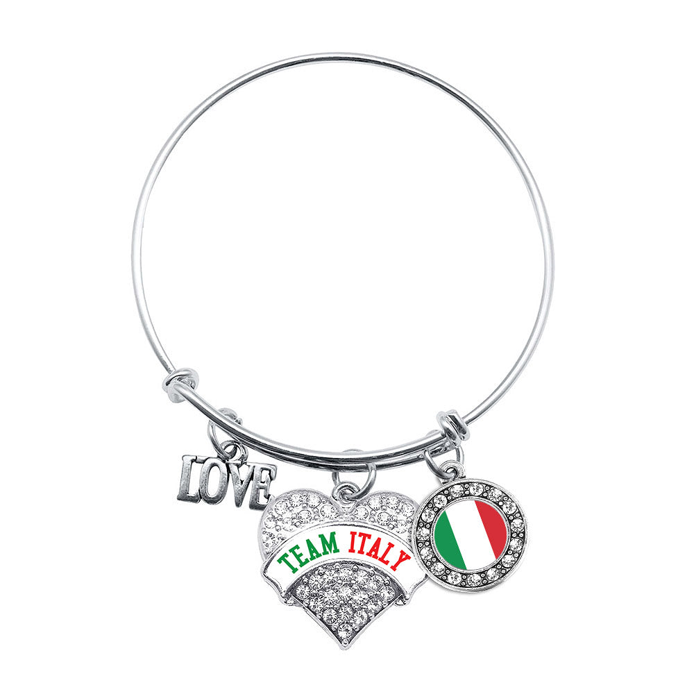 Silver Team Italy Pave Heart Charm Wire Bangle Bracelet