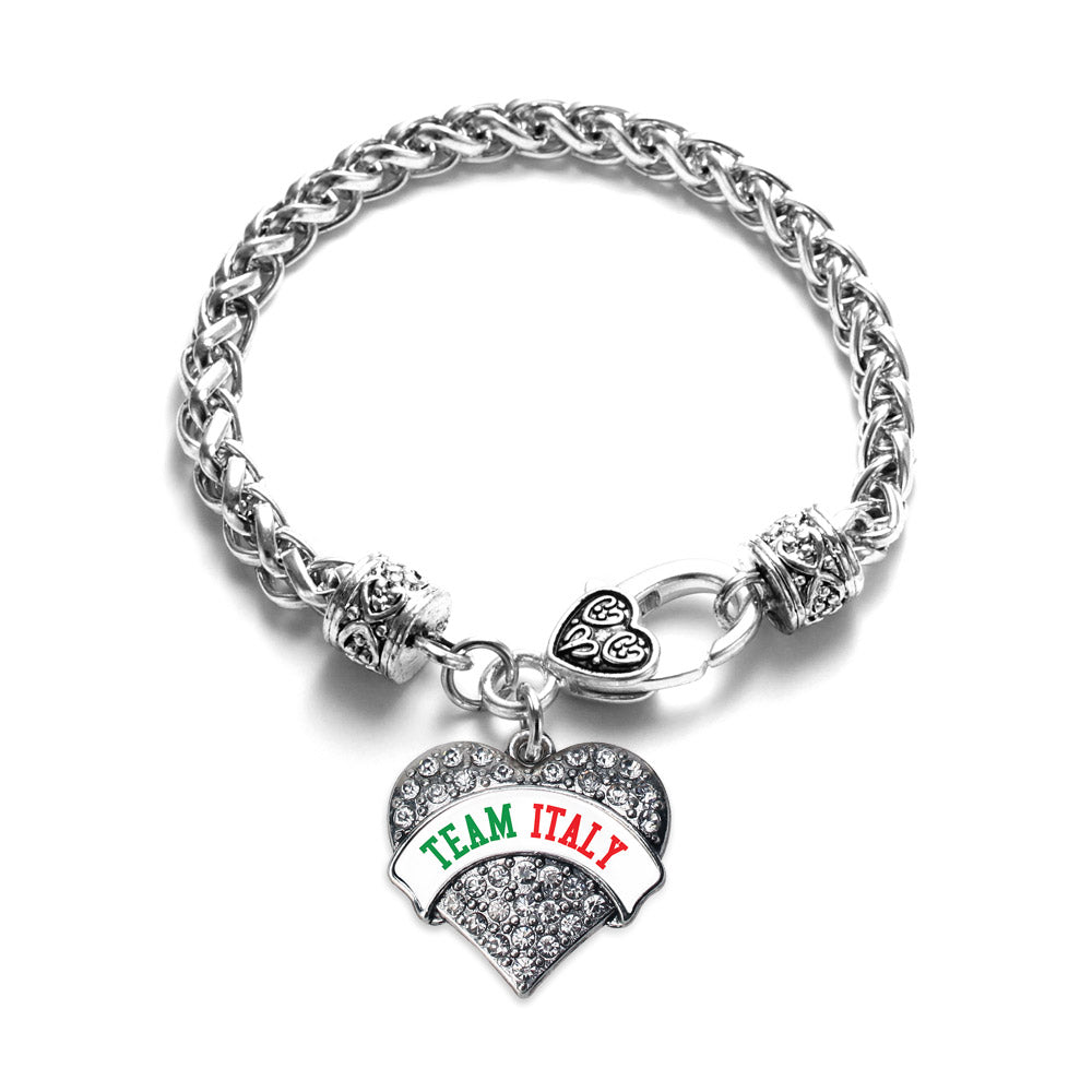 Silver Team Italy Pave Heart Charm Braided Bracelet