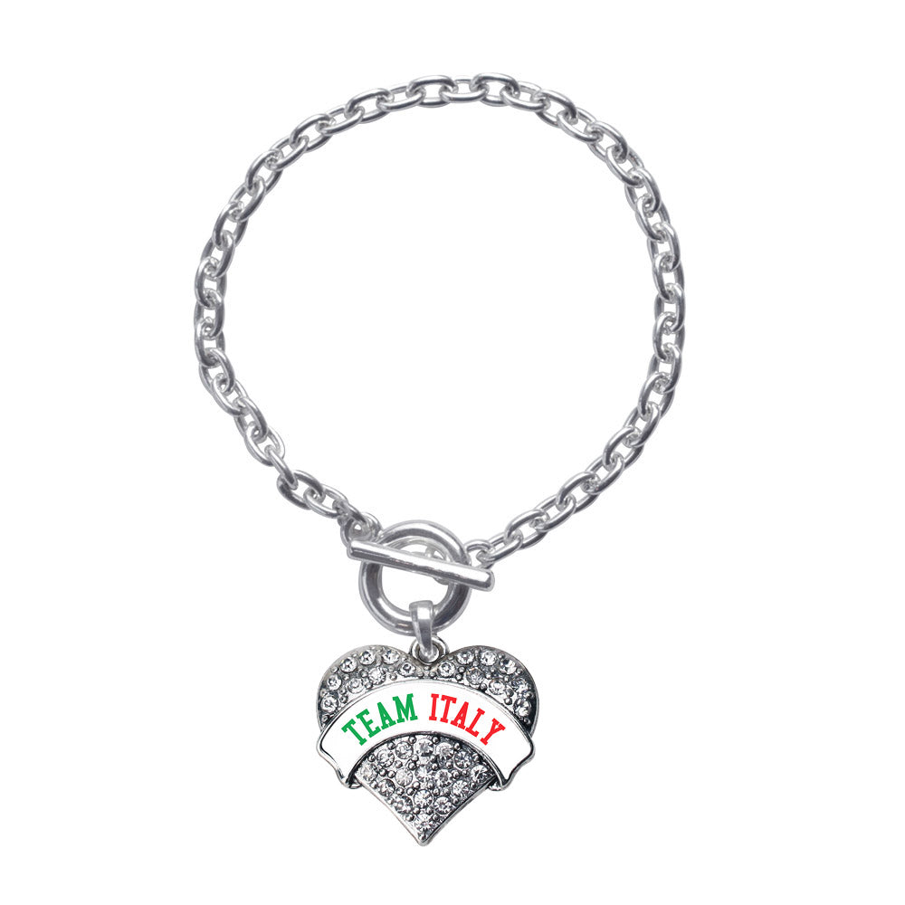 Silver Team Italy Pave Heart Charm Toggle Bracelet