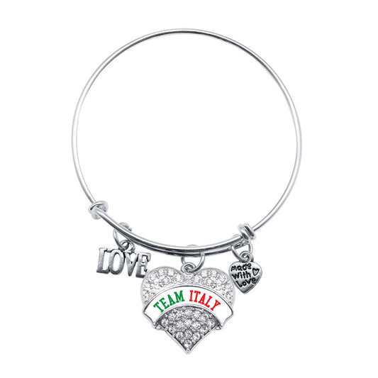 Silver Love Team Italy Pave Heart Charm Wire Bangle Bracelet