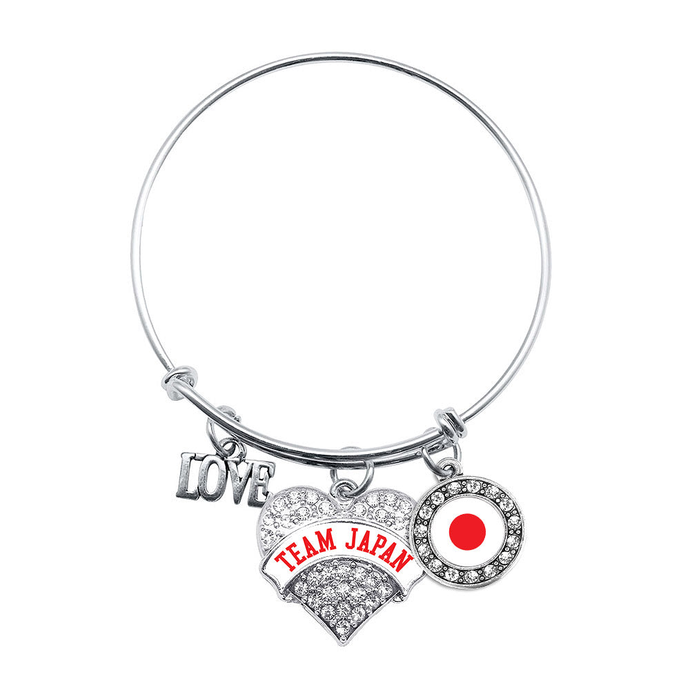 Silver Team Japan Pave Heart Charm Wire Bangle Bracelet
