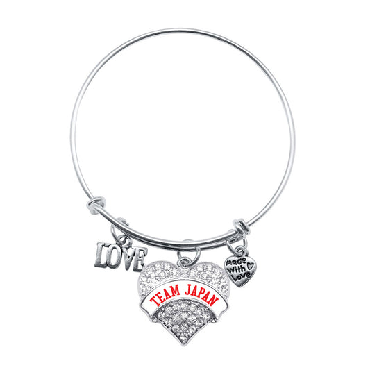 Silver Love Team Japan Pave Heart Charm Wire Bangle Bracelet