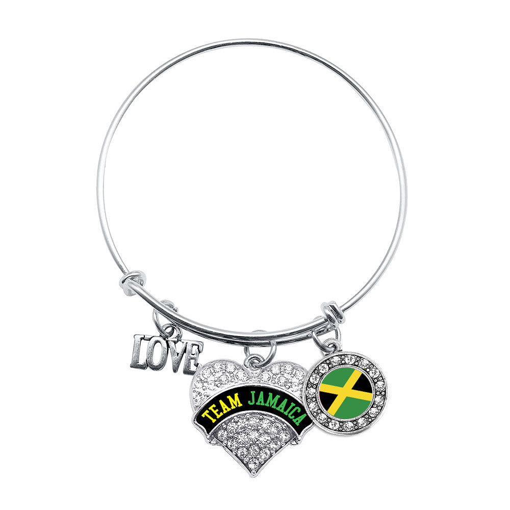 Silver Team Jamaica Pave Heart Charm Wire Bangle Bracelet
