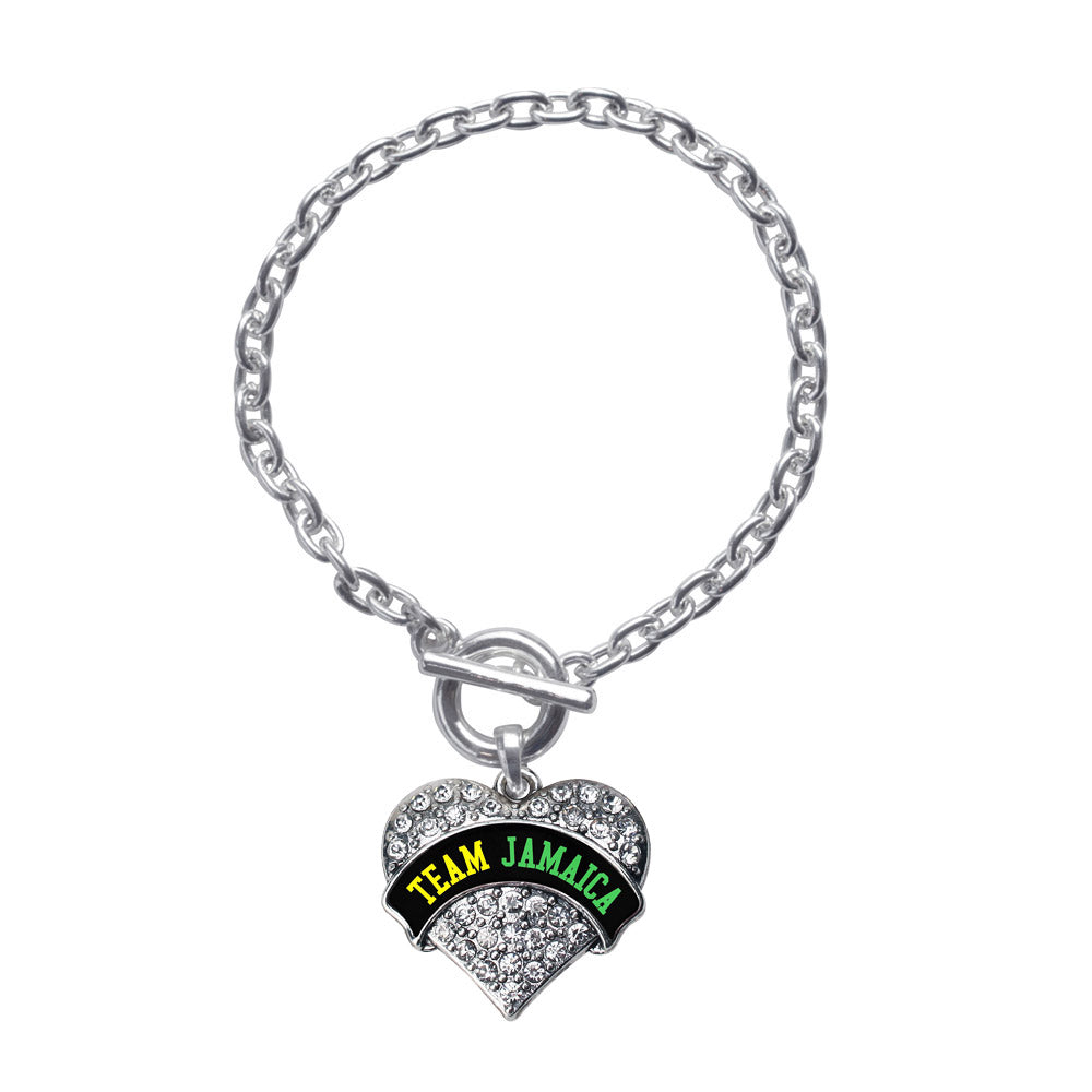 Silver Team Jamaica Pave Heart Charm Toggle Bracelet