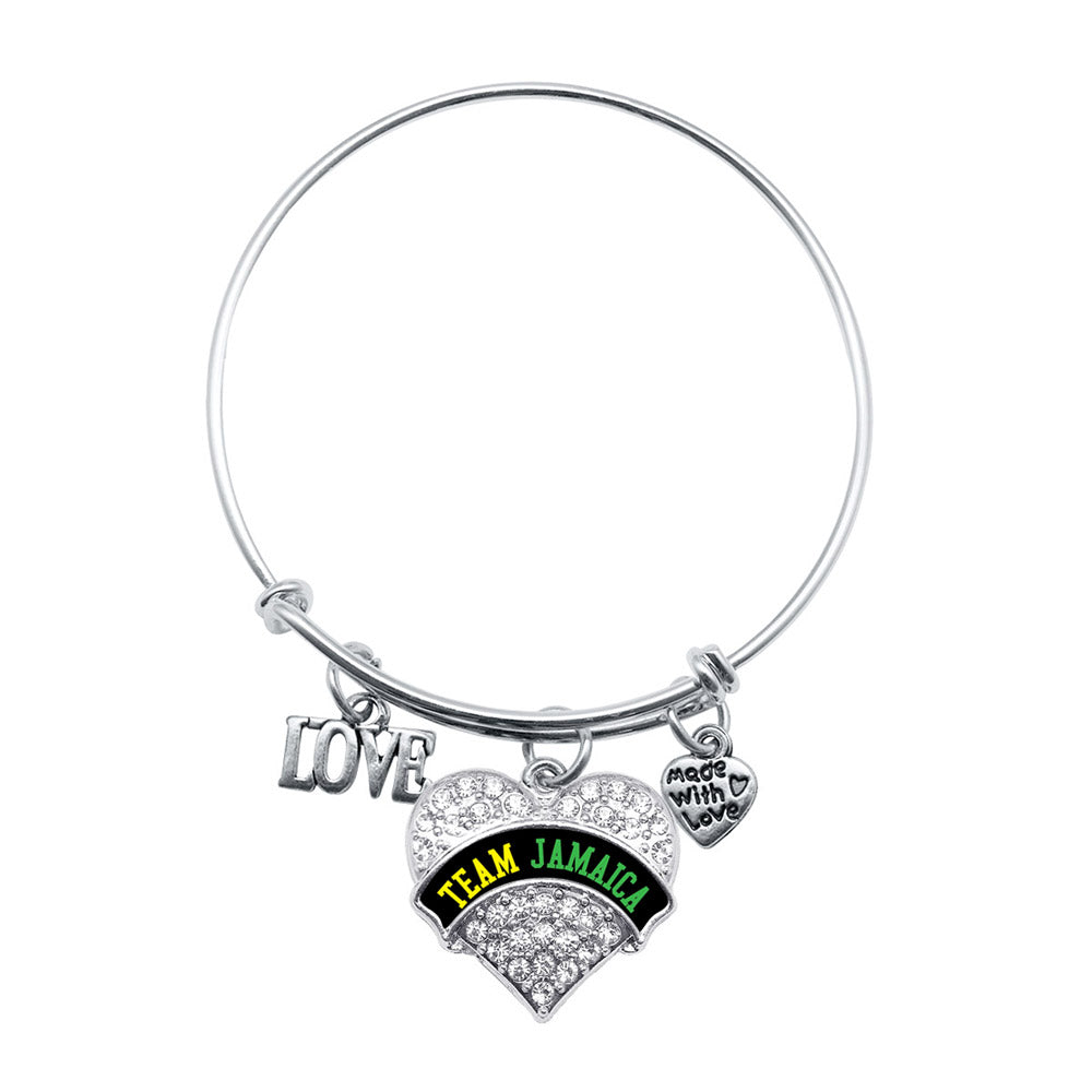 Silver Love Team Jamaica Pave Heart Charm Wire Bangle Bracelet