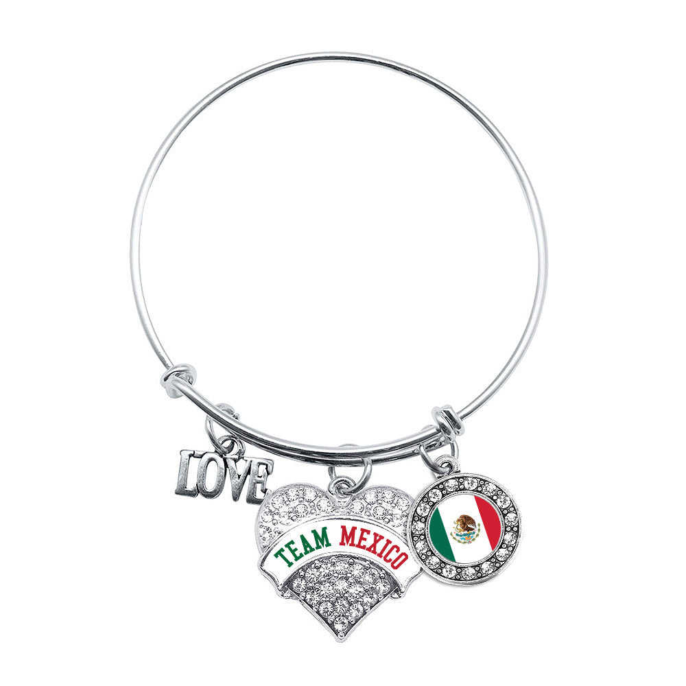 Silver Team Mexico Pave Heart Charm Wire Bangle Bracelet