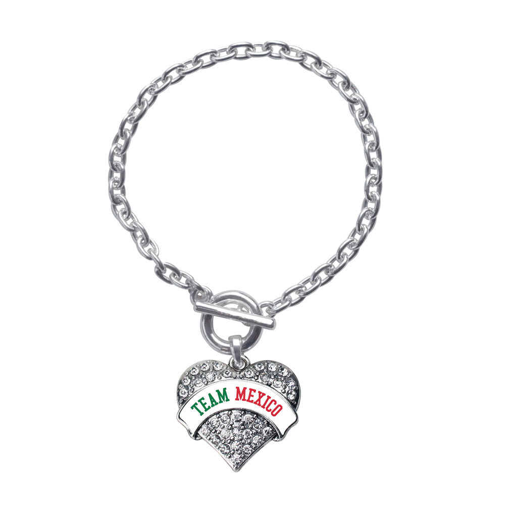 Silver Team Mexico Pave Heart Charm Toggle Bracelet
