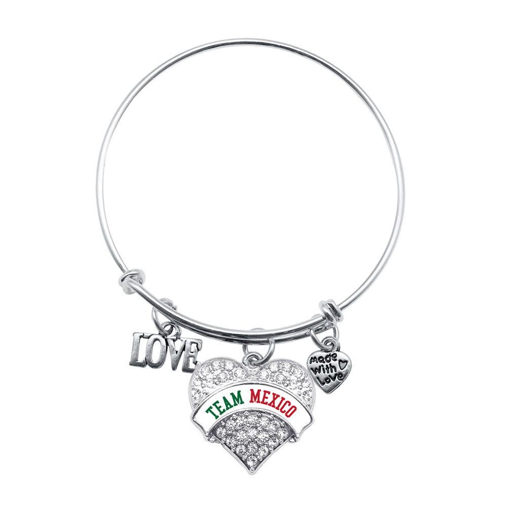 Silver Love Team Mexico Pave Heart Charm Wire Bangle Bracelet