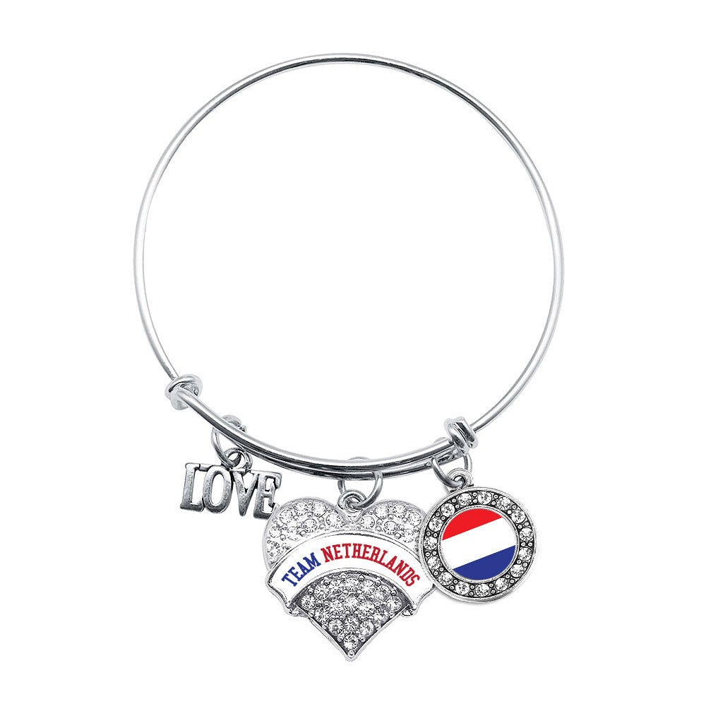 Silver Team Netherlands Pave Heart Charm Wire Bangle Bracelet