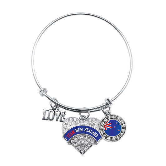 Silver Team New Zealand Pave Heart Charm Wire Bangle Bracelet