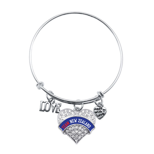 Silver Love Team New Zealand Pave Heart Charm Wire Bangle Bracelet
