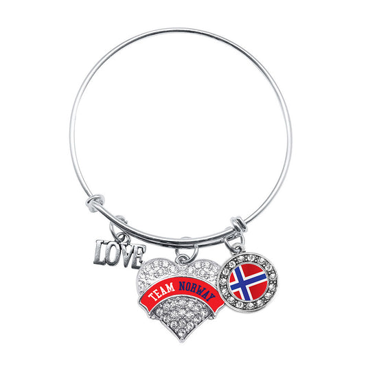 Silver Team Norway Pave Heart Charm Wire Bangle Bracelet