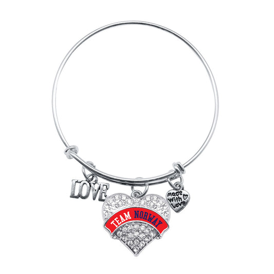 Silver Love Team Norway Pave Heart Charm Wire Bangle Bracelet