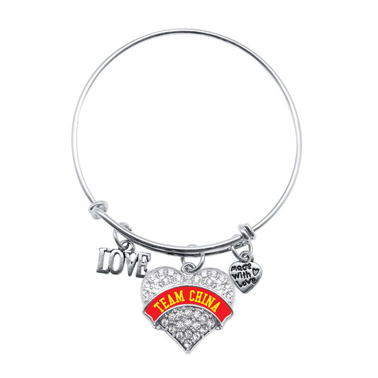 Silver Love Team China Pave Heart Charm Wire Bangle Bracelet