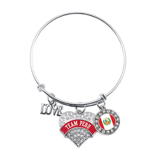 Silver Team Peru Pave Heart Charm Wire Bangle Bracelet