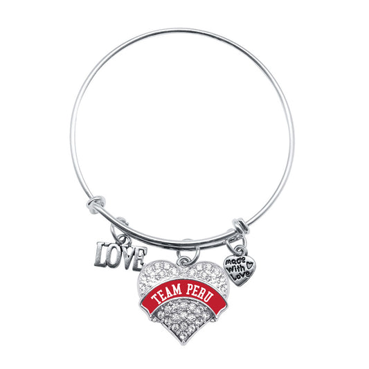 Silver Love Team Peru Pave Heart Charm Wire Bangle Bracelet