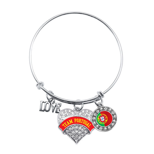Silver Team Portugal Pave Heart Charm Wire Bangle Bracelet