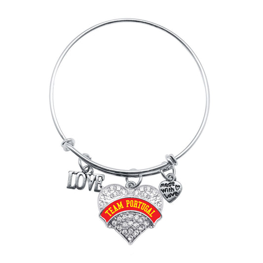 Silver Love Team Portugal Pave Heart Charm Wire Bangle Bracelet