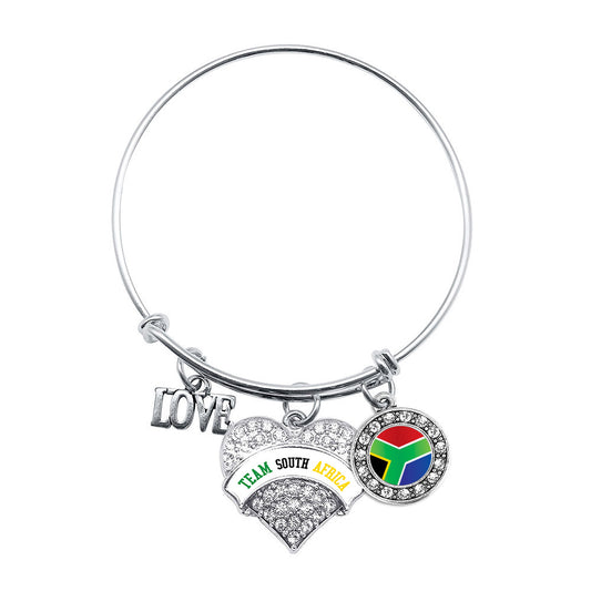 Silver Team South Africa Pave Heart Charm Wire Bangle Bracelet