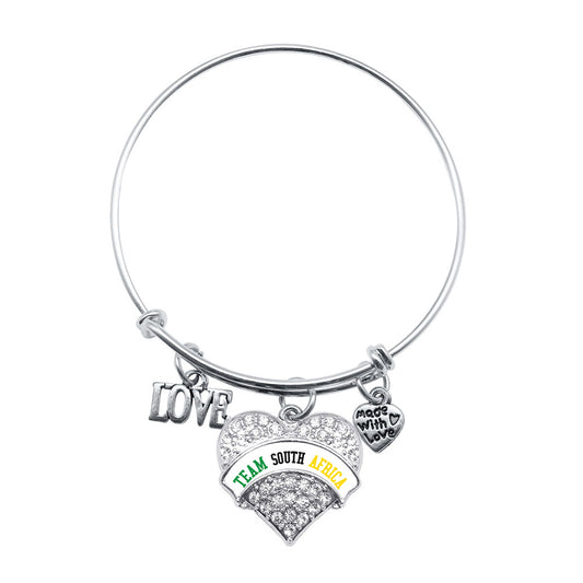 Silver Love Team South Africa Pave Heart Charm Wire Bangle Bracelet