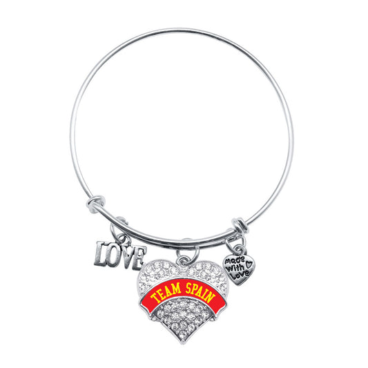 Silver Love Team Spain Pave Heart Charm Wire Bangle Bracelet
