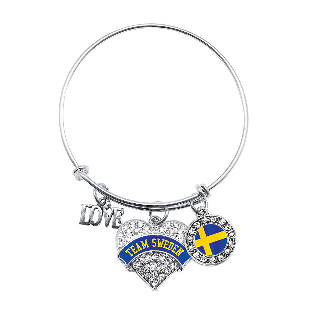 Silver Team Sweden Pave Heart Charm Wire Bangle Bracelet