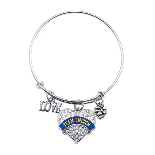 Silver Love Team Sweden Pave Heart Charm Wire Bangle Bracelet