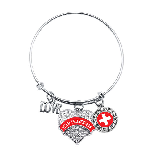 Silver Team Switzerland Pave Heart Charm Wire Bangle Bracelet