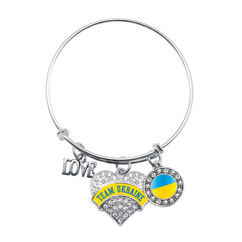 Silver Team Ukraine Pave Heart Charm Wire Bangle Bracelet