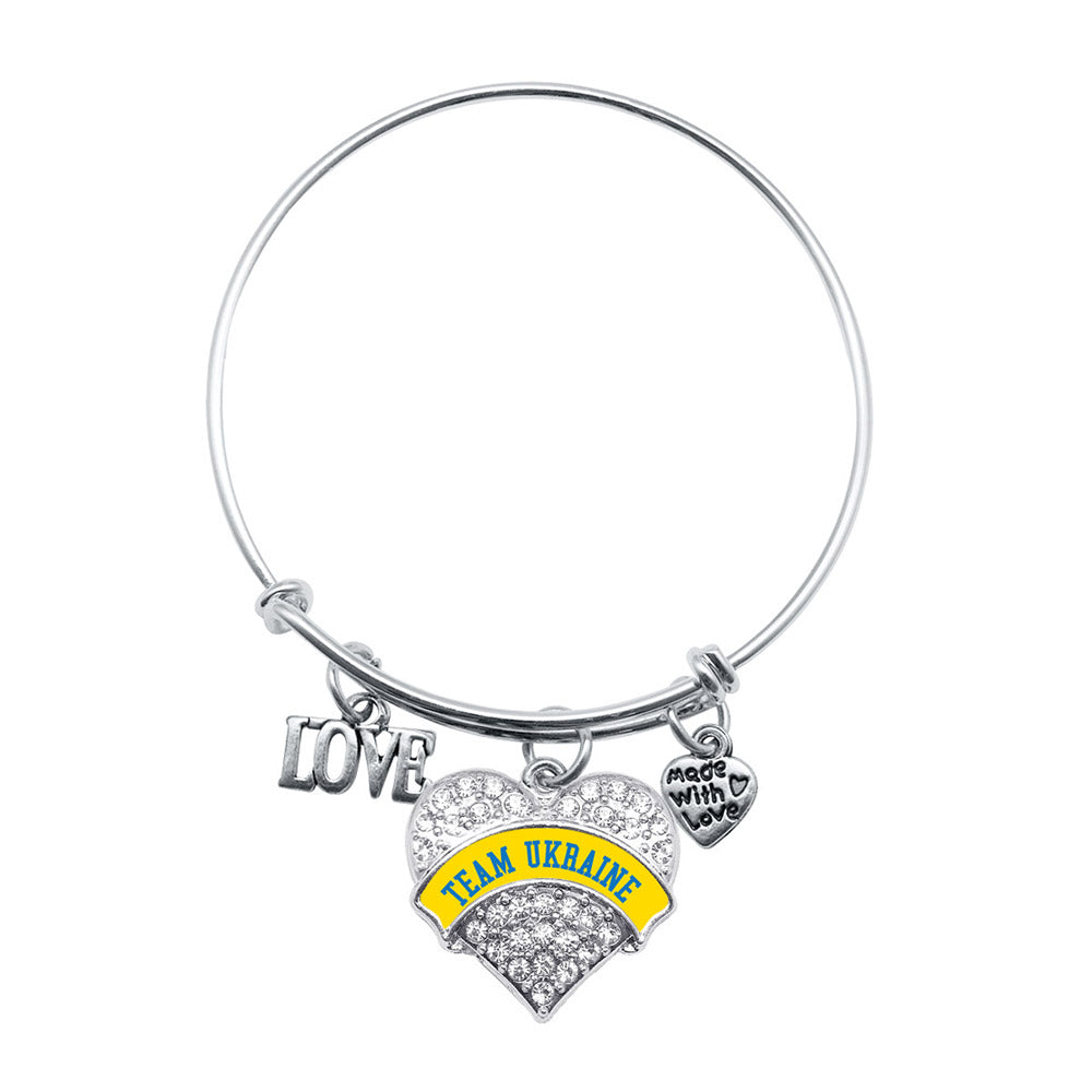 Silver Love Team Ukraine Pave Heart Charm Wire Bangle Bracelet