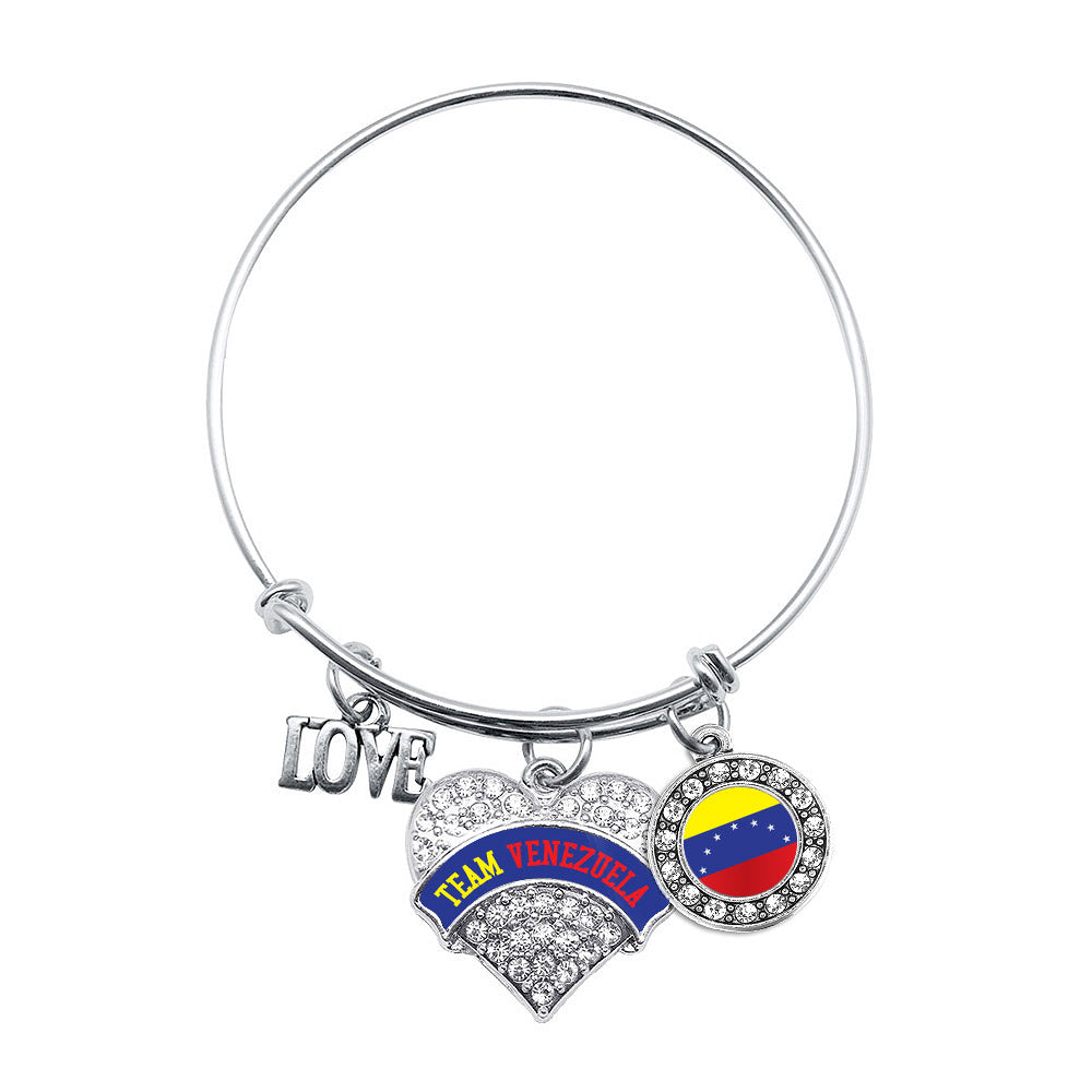 Silver Team Venezuela Pave Heart Charm Wire Bangle Bracelet