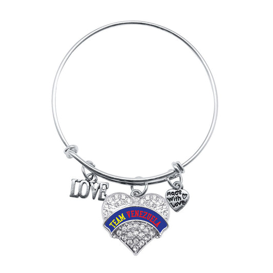 Silver Love Team Venezuela Pave Heart Charm Wire Bangle Bracelet