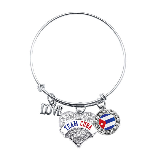 Silver Team Cuba Pave Heart Charm Wire Bangle Bracelet