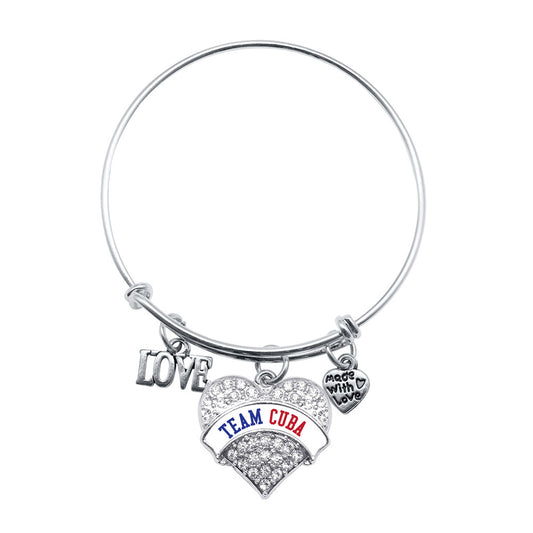 Silver Love Team Cuba Pave Heart Charm Wire Bangle Bracelet